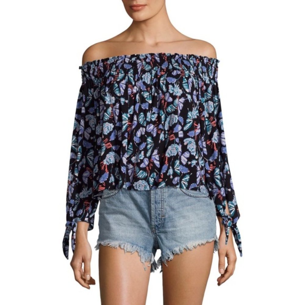 Free People Lexington Off the Shoulder Smocked Floral Blouse Top Sz XS
